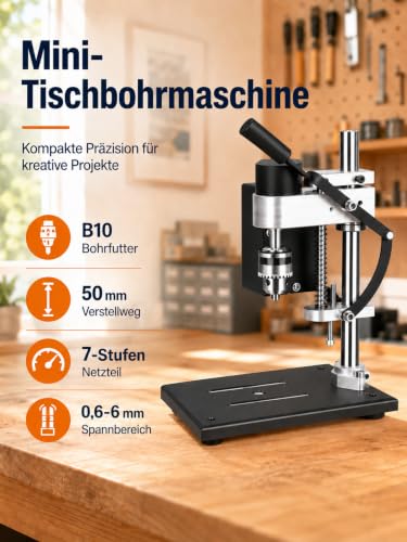 VOBOR Standbohrmaschine, 200W Miniatur Tischbohrmaschine 7 Gang Einstellbare Geschwindigkeit, Bohrhub 50mm, Mini Ständerbohrmaschine für Metall Holz Acryl