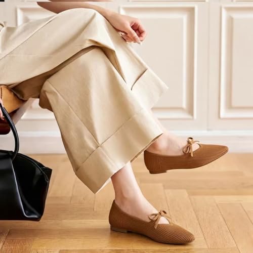 Image of TINGRISE Women's Pointed Toe Flats Comfortable Knit Ballet Shoes Washable Dressy with Bow Business Casual Work Shoes