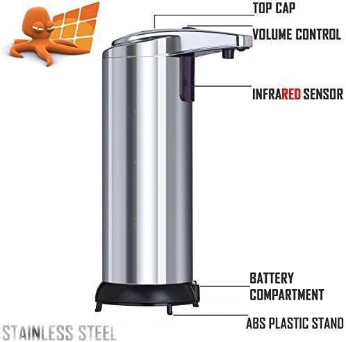 Octopus Automatic Sensor Soap Dispenser, Touchless 280ml, Perfect for Bathroom or Kitchen Countertops, Modern Design and Easy Refill - 2016 Premium Model, Infrared Detection โ Stainless Steel