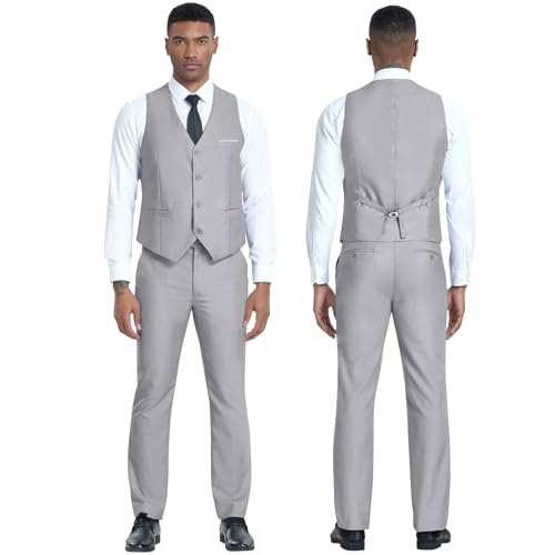 Men's 3 Piece Slim Fit Suit Set, Two Button Blazer Solid Jacket Vest Pants Wedding Business Suit4