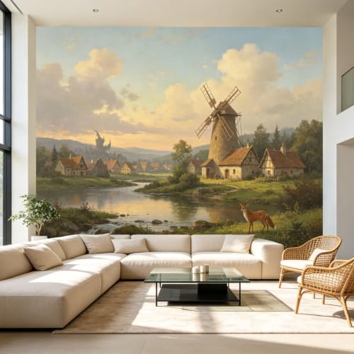 Benutzerdefinierte Größe Wandbilder Amerikanische Landwindmühle Dorf Fluss Ölgemälde Selbstklebend Wandstoff Abnehmbare Große Tapete Wanddekoration für Wohnzimmer Schlafzimmer Büro