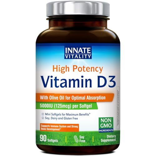Innate Vitality Vitamin D3 5000 IU (125 mcg), High Potency Vitamin D for Bone, Teeth, and Immune Health Support, Non-GMO, No Soy or Gluten, in Olive Oil, Mini Softgels, 90 Count