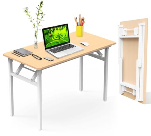 Halter Folding Desk Table, No Assembly Collapsible Computer Desk for Office, Bedroom, and Study - 47” Space-Saving Portable, Foldable Study Table- Teak Colored Table Top, White Frame