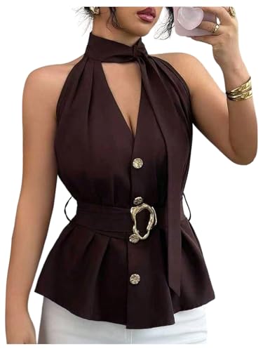 SHENHE Women's Halter Top Gold Ruffle Hem Peplum Top Belted Going Out Top | Button Up, Dressy, Hollow Out, Elegant, Casual, Sleeveless, Brown, Large