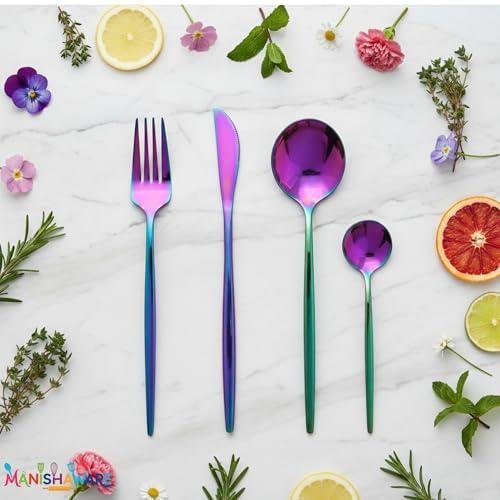 Image of Slim Handle Rainbow 8 Pcs Stainless Steel Cutlery Set for Dining Table, Dishwasher Safe Glossy Flatware (2 Spoon Set + 2 Forks Set + 2 Butter Knife + 2 Dessert Spoon)