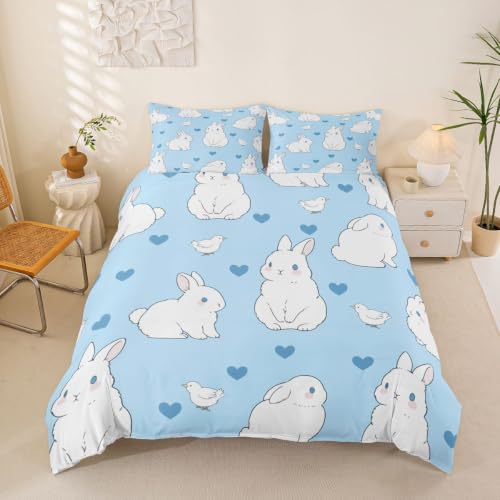 Feelyou Kids Rabbit Bedding Set Cute Rabbit Heart Duvet Cover for Boys Girls Watercolor Cartoon Wild Animal Decor Comforter Cover Blue Bedspread Cover Bedroom Collection 3Pcs King Size