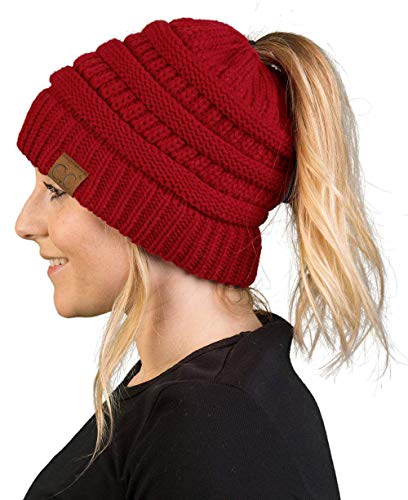 Messy Bun Beanietail Women's Beanie Solid Ribbed Hat Cap (Red) #TOP27