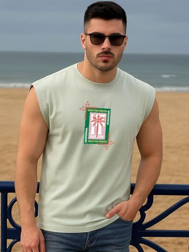 Image of Bewakoof Men's Graphic Print Boxy Fit Sleeveless Round Neck Pure Cotton Vest