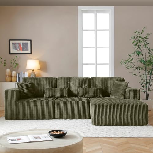 Image of 108 inch Boneless Cloud Sectional Couches for Living Room, Comfy Fluffy L Shaped Memory Foam Deep Seat Boneless Couch, Modular Sectional Sofa with Right Facing Chaise, Olive Green