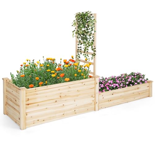 COSTWAY Cama Elevada de Jardín de 2 Niveles, Macetero de Madera con Enrejado y Fondo Abierto Cultivo de Flores, Plantas y Hierbas, Cantero Rectangular para Patio 223 x 64 x 134cm