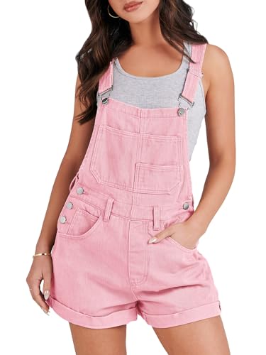 ANRABESS Overalls for Women Denim Shorts Overalls 2025 Summer Casual Loose Fit Adjustable Rompers Jean jumpsuit Bib Shortalls Pink Medium