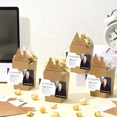 Image of Hoolerry 100 Set Open House Gift Real Estate Agent Supplies Popcorn Box with Card Holder Open House Supplies Business Gift Card Thank You for Popping by Candy Box for Estate Agent Favors(Kraft)
