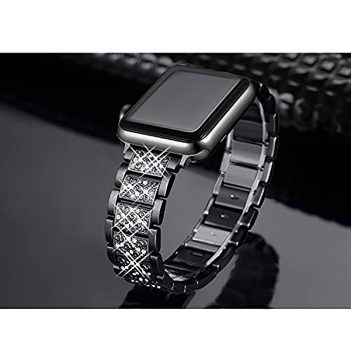 Secbolt Bling Bands Compatible with Apple Watch Band 42mm 44mm 45mm Women iWatch Series 7/6/5/4/3/2/1/SE, Dressy Jewelry Metal Bracelet with Rhinestones, Black - Thumbnail 2