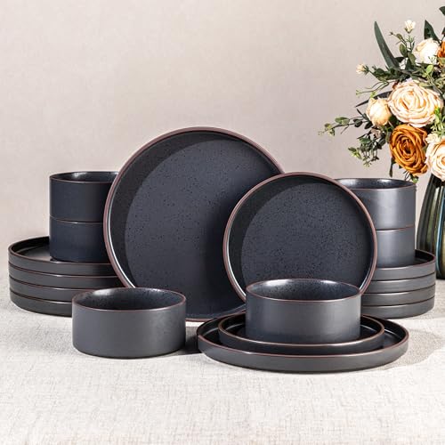 Image of LERATIO Ceramic Dinnerware Sets for 6, High Edge Stoneware Plates and Bowls Set, Chip and Crack Resistant | Oven & Dishwasher & Microwave Safe Dishes Set, Service for 6 -Ashen