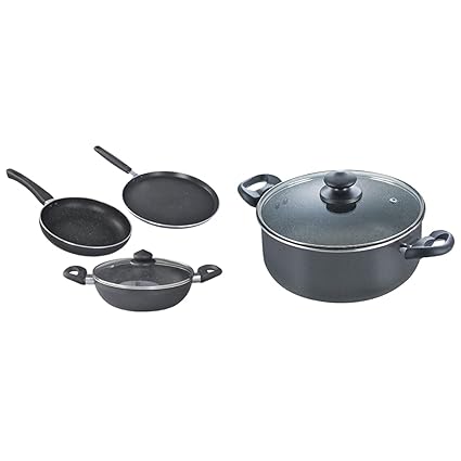 Prestige Omega Deluxe Granite 3 Pcs with 1 Glass Lid with Omega Deluxe Granite Sauce Pan with Lid, 240mm Combo