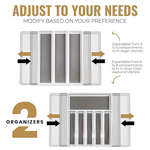 Eltow Expandable In Drawer Cutlery Organizer & Utensil Tray Set - 2 Kitchen Storage Trays For Flatware, Silverware, Cooking Utensils & More- Multipurpose Organizer For Kitchen & Office Supplies -White