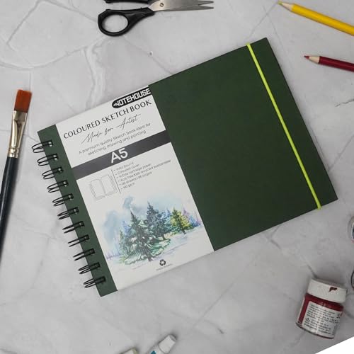 Image of NOTEHOUSE A5 Landscape Spiral Sketchbook (14x21 cm) | 96 Unruled White Thick Pages | Professional Drawing Notebook | Green Hard Cover Art Book for Artists & Students