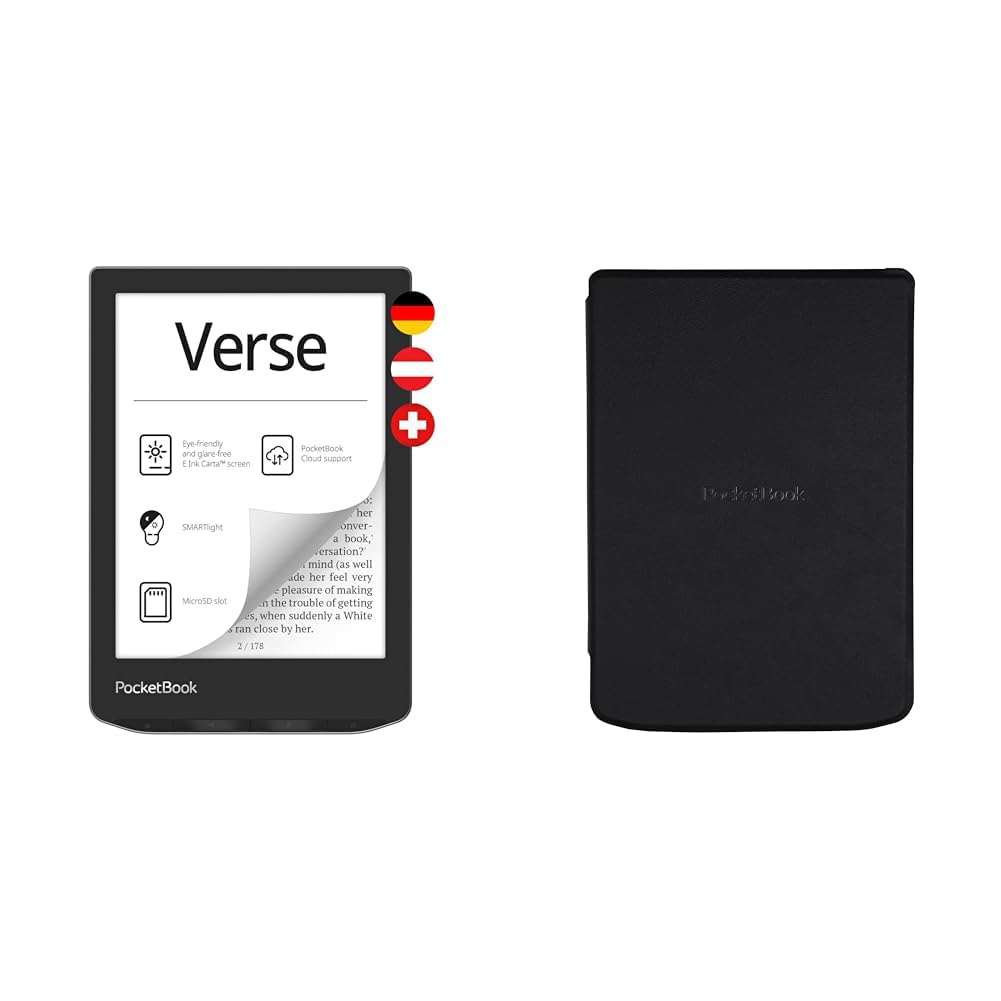 PocketBook e-Book Reader 'Verse' (deutsche Version) 8 GB Speicher (erweiterbar) 15,2 cm (6 Zoll) E-Ink Carta Display - Mist Grey & Cover Shell für PocketBook Verse und Verse Pro - Black