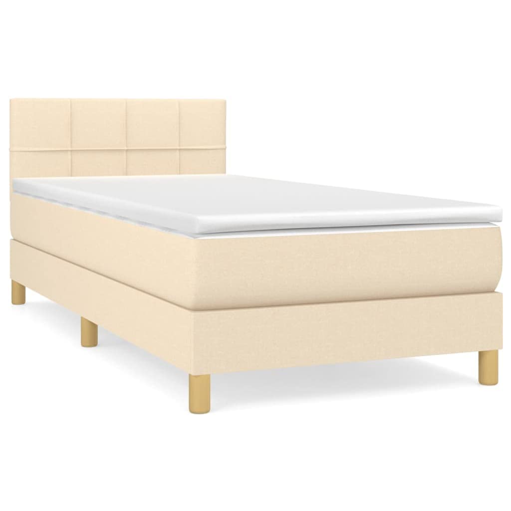 Cama con somier de tela crema con colchón de muelles ensacados y colchón de dureza media para un sueño reparador
