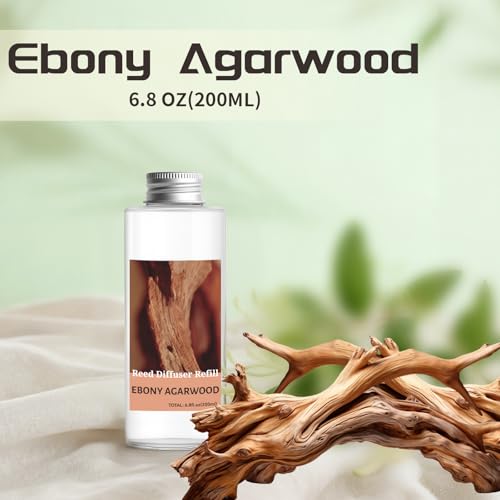 Image of STRN Reed Diffuser Oil Refill, Ebony Agarwood Scented Diffuser Oil Refills with 6 Reed Sticks 200ML(6.8fl.oz), Room Fresheners for Home, Long-Lasting Summer Fragrance for Living Room, Bedroom, Office