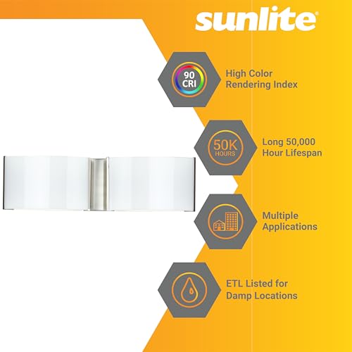 Image of Sunlite 82112 LED Decorative Vanity Light Fixture, 20 Watts, 1300 Lumens, Color Selectable 30K /40K /50K, 2 Lights, Dimmable, 90 CRI, ETL Listed, Brushed Nickel, for Bathroom, Powder Rooms, and Hotels