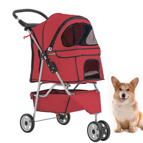 BestPet 3-Wheel Pet Stroller for Dogs &amp; Cats - Folding Travel Carrier with Cup Holder &amp; Removable Liner, Red