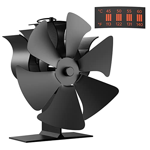 Wood Stove Fan, Aiment 6 Blades Heat Powered Fireplace Fan with Built-In Thermometer, Stove Fan for Brick Wood Log Stove, Efficient Heat Circulating Stove Fan, Engery-Saving and Eco Friendly