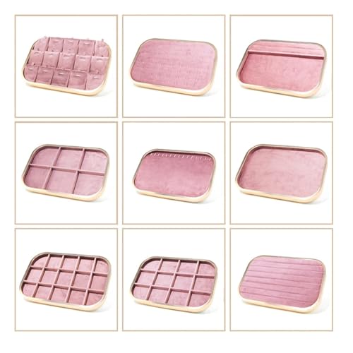 Plateau à bijoux velours rose à 12 compartiments et bords métalliques - 3