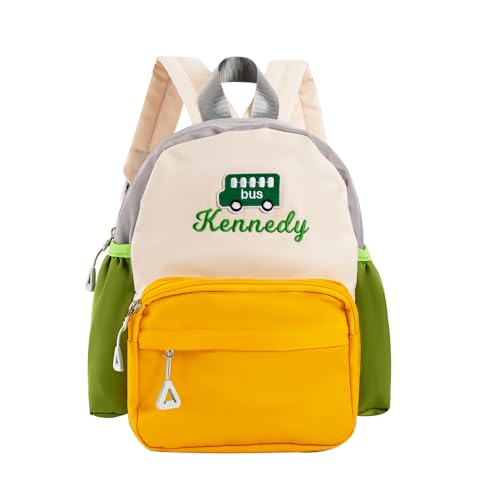 Small Daycare Bus Backpack with Large Water Bottle Packets Custom Yellow Backpack with Name Lightweight Embroidery Bag with Multiple Pockets,Adjustable Shoulder Strap for Travel (Yellow)