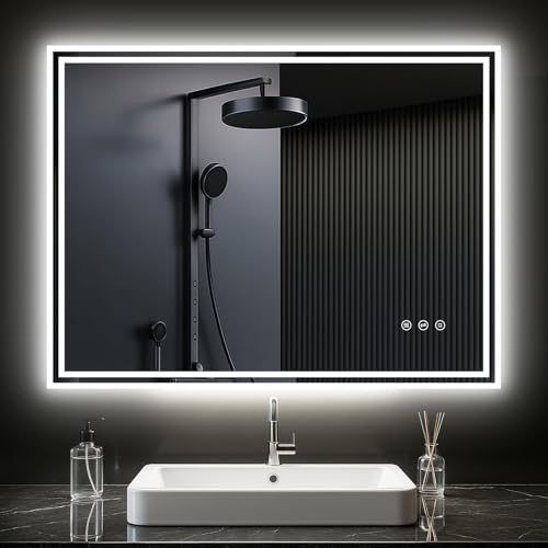 PESENXAN LED Badspiegel mit Beleuchtung, Badezimmerspiegel mit 3 Lichtfarben, Dimmbar, Steckdose, Anti-Beschlag, Touch/Wandschalter, Wandspiegel Beleuchtung für Horizontale/Vertikale 80x60cm