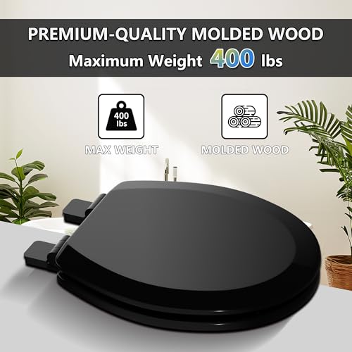 Image of Angol Shiold Quiet-Close Molded Wood Toilet Seat with Non-Slip Adjustable Hinges, Anti-Pinch Bumpers, Easy Install & Clean(Black, Round 16.5'')