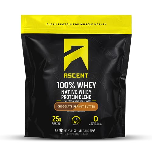 Image of Ascent 100% Whey Protein Powder - Post Workout Whey Protein Isolate, Zero Artificial Flavors & Sweeteners, Gluten Free, 5.5g BCAA, 2.6g Leucine, Essential Amino Acids, Chocolate Peanut Butter 4 lb