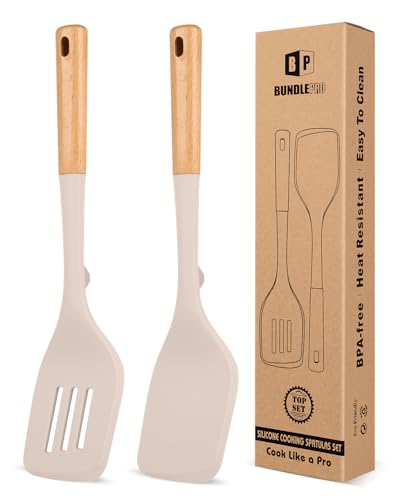 Pack of 2 Large Silicone Spatula, Heat Resistant Solid Turner, Non Stick Slotted Spatulas with Wooden Handle, Ideal Kitchen Utensils for Flipping, Pancakes, Eggs, Fish(Khaki)
