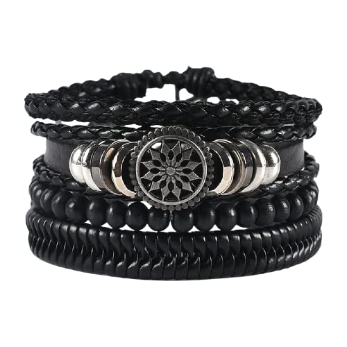 Vientiq Mens Oxidised Silver Wheel Leather Black Beads Bracelet (B0C5YKVYLW) Amazon Price History, Amazon Price Tracker