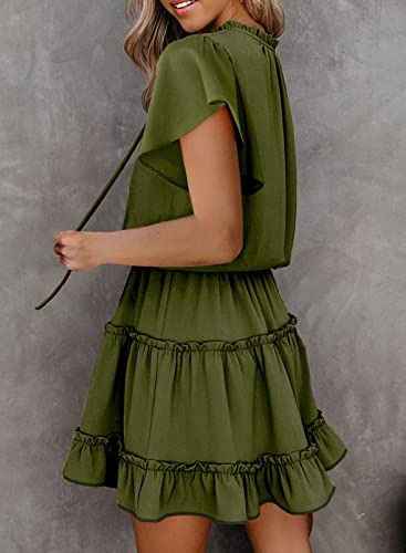 Dokotoo Womens Ladies Cute Spring Casual Summer Sexy Deep V Neck Ruffle Chiffon Lantern Short Sleeve Elegant Empire Waist Flowy Mini Short Skirt Dresses For Women Party 2023 Green Large #TOP30