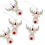 Hochwertige kleine Rentier Anhänger aus Holz in natur mit braunem Geweih und roter Nase.