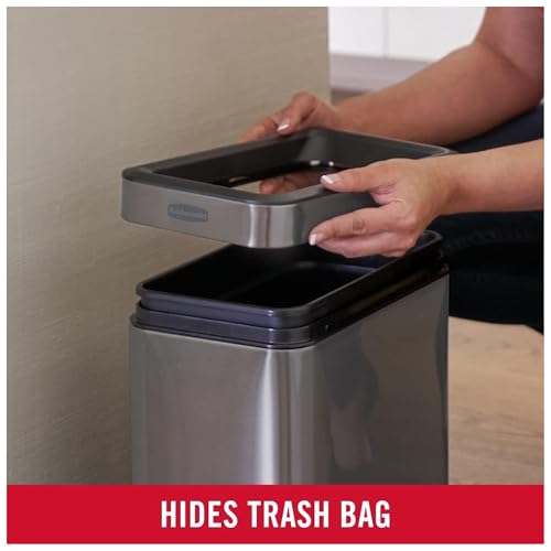Image of Rubbermaid 2.6-Gallon Charcoal Stainless Steel Wastebasket, Slim Space-Saving Design, Ideal for Home /Office /Bathroom