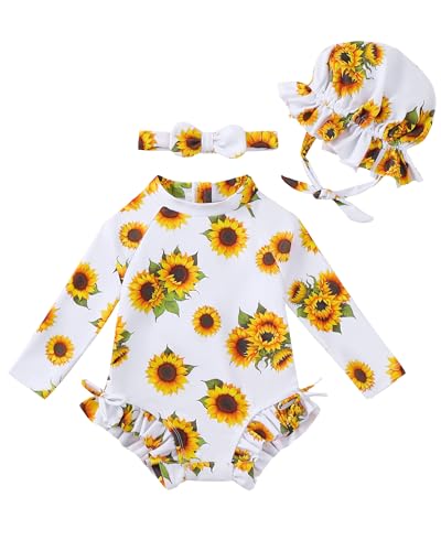 Image of Renotemy Baby Girls Swimsuit Drawstring Zip Bathing Suit Long Sleeve One-Piece Rash Guard Swimwear with Hat for Infant Girl