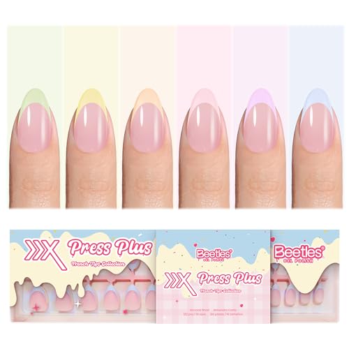 Image of Beetles French Tips Press On Nails, Pastel Nails Short Almond 6 Colors 192 Pcs,Colorful Fake Nail Tips, Pink Blue Green Soft Gel Nails False Nails Art DIY For Women