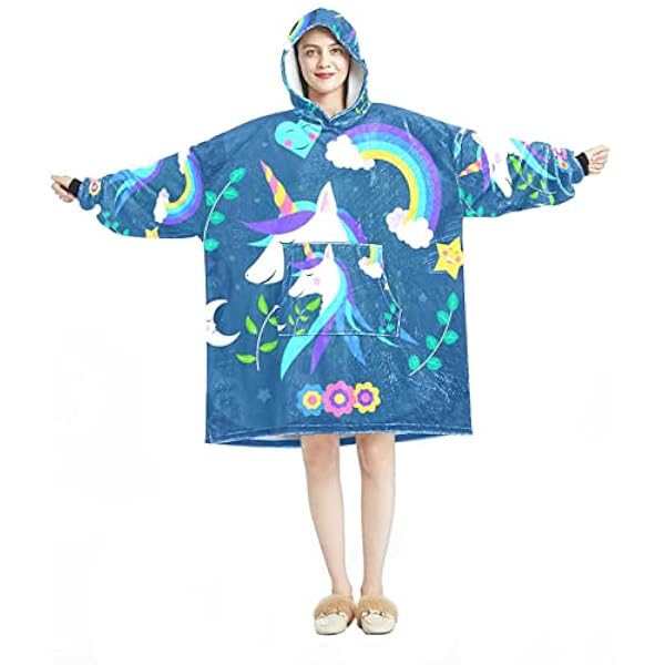 Eenhoorn buste omringd door bloemen maan sterren draagbare deken hoodie, oversized capuchon deken sweatshirt, Meerkleurig, One Size