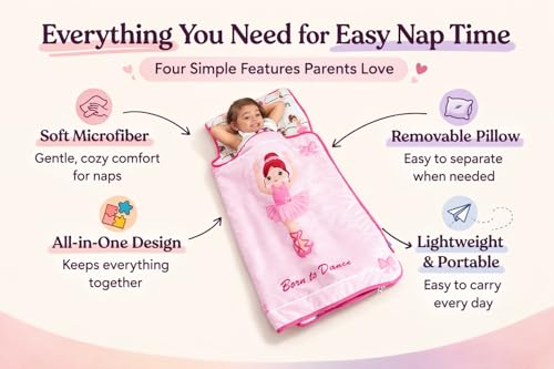 Image of EVERYDAY KIDS Toddler Nap Mat with Removable Pillow -Born to Dance Ballerina- Carry Handle with Straps Closure, Rollup Design, Soft Microfiber for Preschool, Daycare, Sleeping Bag - Ages 2-6 Years