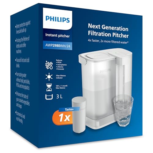 Philips Instant Water Filter Pitcher (3L) – Clean & Great-Tasting Water in Seconds – – 1x Taste + Filter, reduces chlorine&lead, preserves minerals