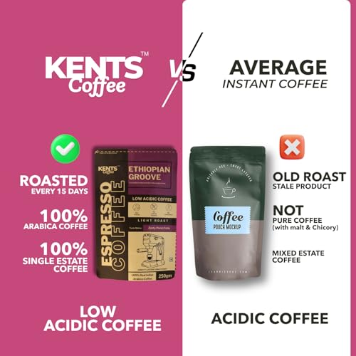 Image of Kents Coffee Ethiopian Groove | Light Roast Fine Grind Coffee | LOW ACIDIC COFFEE | Home Espresso Grind | Taste like Zesty, Floral, Fruity | 100% Arabica High Grade Chikmangalur Speciality Pack | Sun Dried Arabica Bean | Freshly Roasted (200Gm)