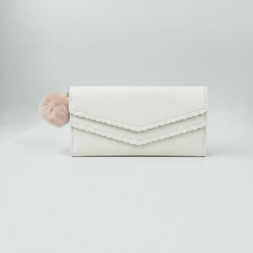 Elegant Scalloped Flap Women’s Wallet with Pom Pom Charm – Stylish Long Clutch Purse with Multiple Card Slots & Secure Closure (White)-image-11