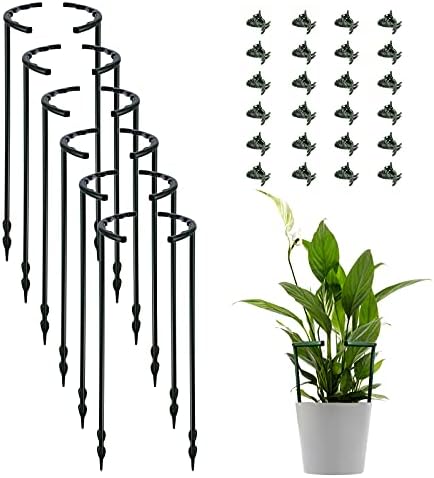12 Pack Plant Support Plant Stakes with 24 Pcs Plant Clips, Half Round Plant Support Ring Plastic Plant Cage Holder Flower Pot Climbing Trellis for Small Plant Flower Vegetable,Indoor Plants