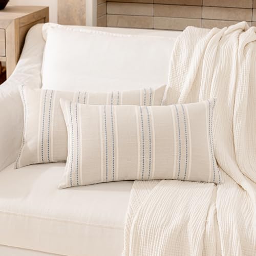 Image of Hckot Throw Pillow Covers 12x20 Set of 2 Blue Pillow Covers Farmhouse Decorative Pillows Textured Linen Square Cushion Covers for Sofa Couch Bed Living Room Decor(Dusty Blue)