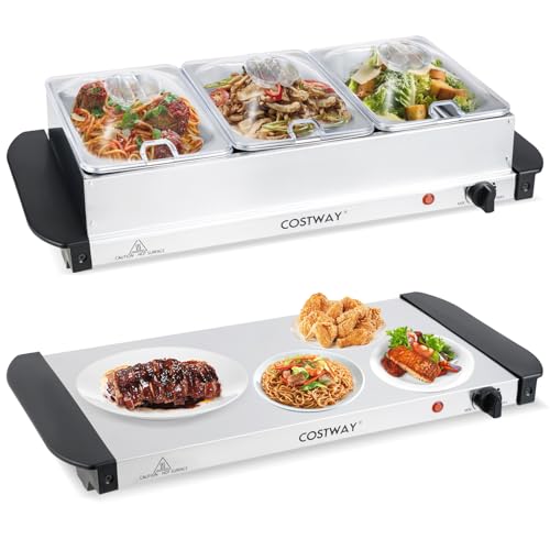 COSTWAY 2 in 1 Electric Buffet Server, 3 Tray Food Warmer with 3 x 1.4L Removable Pans, Warming Plate Function, Adjustable Temperature Control & Transparent Lids, Dual Function Hot Plate Chafing Dish