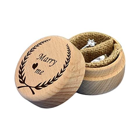 Personalised Wooden Rustic Wedding Ring Box - Ring Bearer Box - Custom Engraved Names Date for Marry Proposal Valentines Engagement Ring Holder Cover