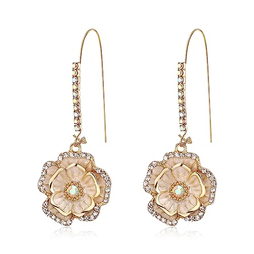 BriLove Fashion Elegant Rhinestone Enamel Rose Flower Hook Dangle Earrigns for Women Iridescent AB Gold-Tone