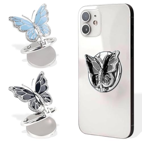 DOKRIN Agarres para teléfonos móviles, 2 soportes de anillo con forma de mariposa para teléfono móvil giratorios y plegables aptos para todo tipo de smartphones y fundas (negro y azul)